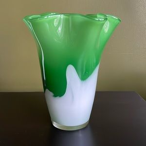 Vintage Handkerchief / Fazzoletto Hand Blown Vase - Art Glass - Green & White